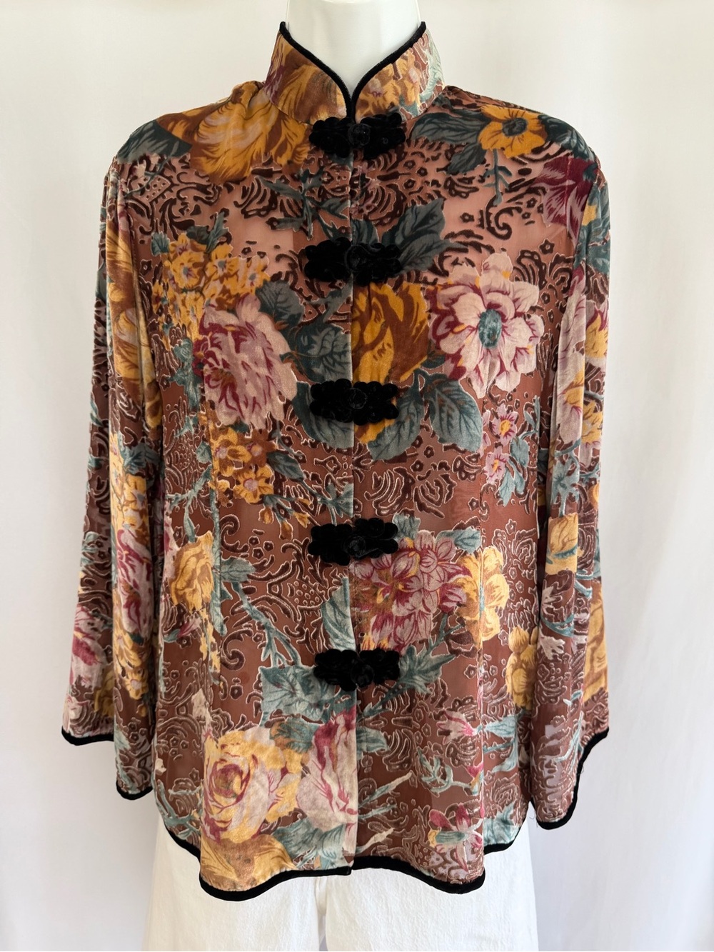 Vintage Aris.A 100% Silk Velvet Kimono Floral Tapestry Print Top Small